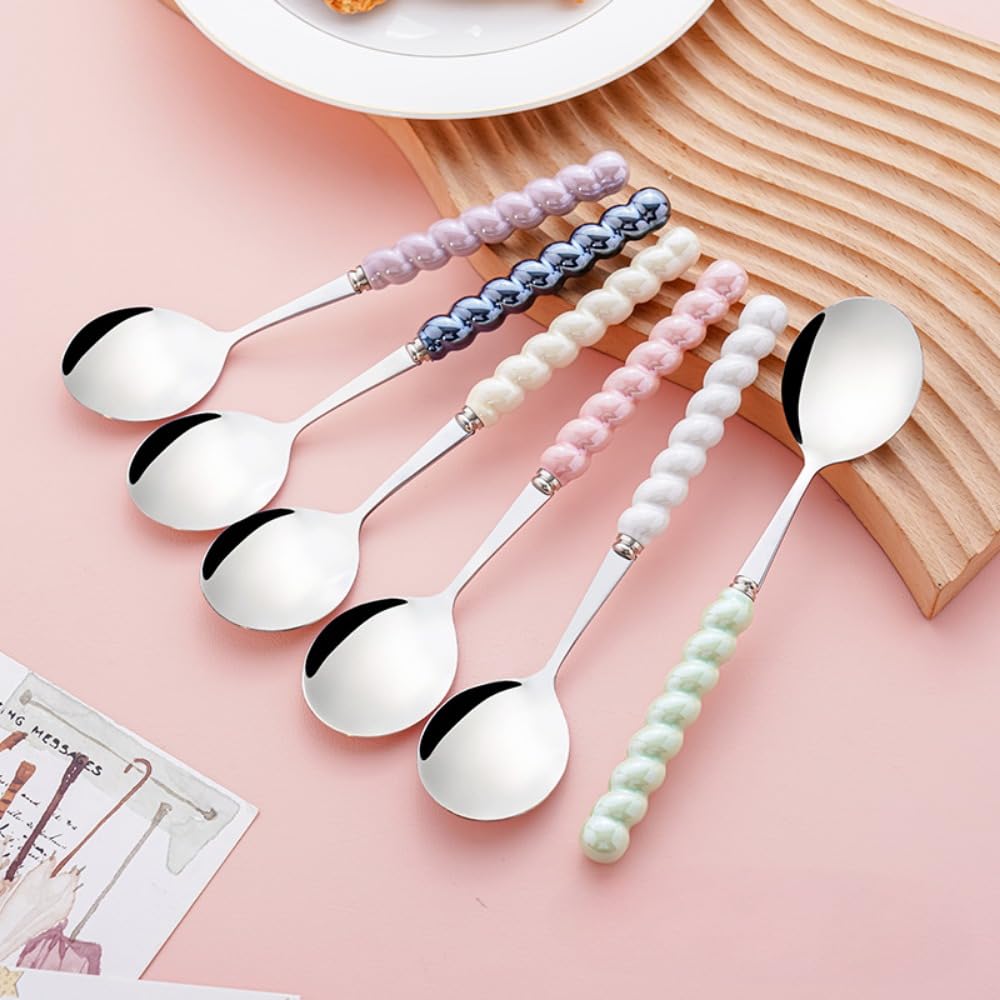 (6 piezas) Cuchara de cerámica exquisita de acero inoxidable para comer y beber de 7.48 pulgadas, cuchara de café y té