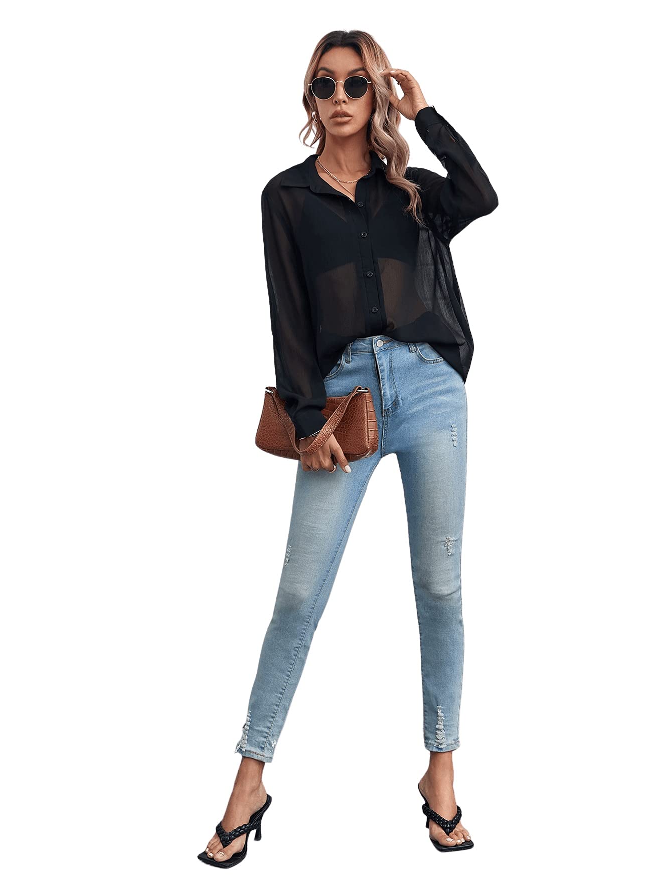 Floerns Blusa de Manga Corta con Botones de Malla Transparente para Mujer