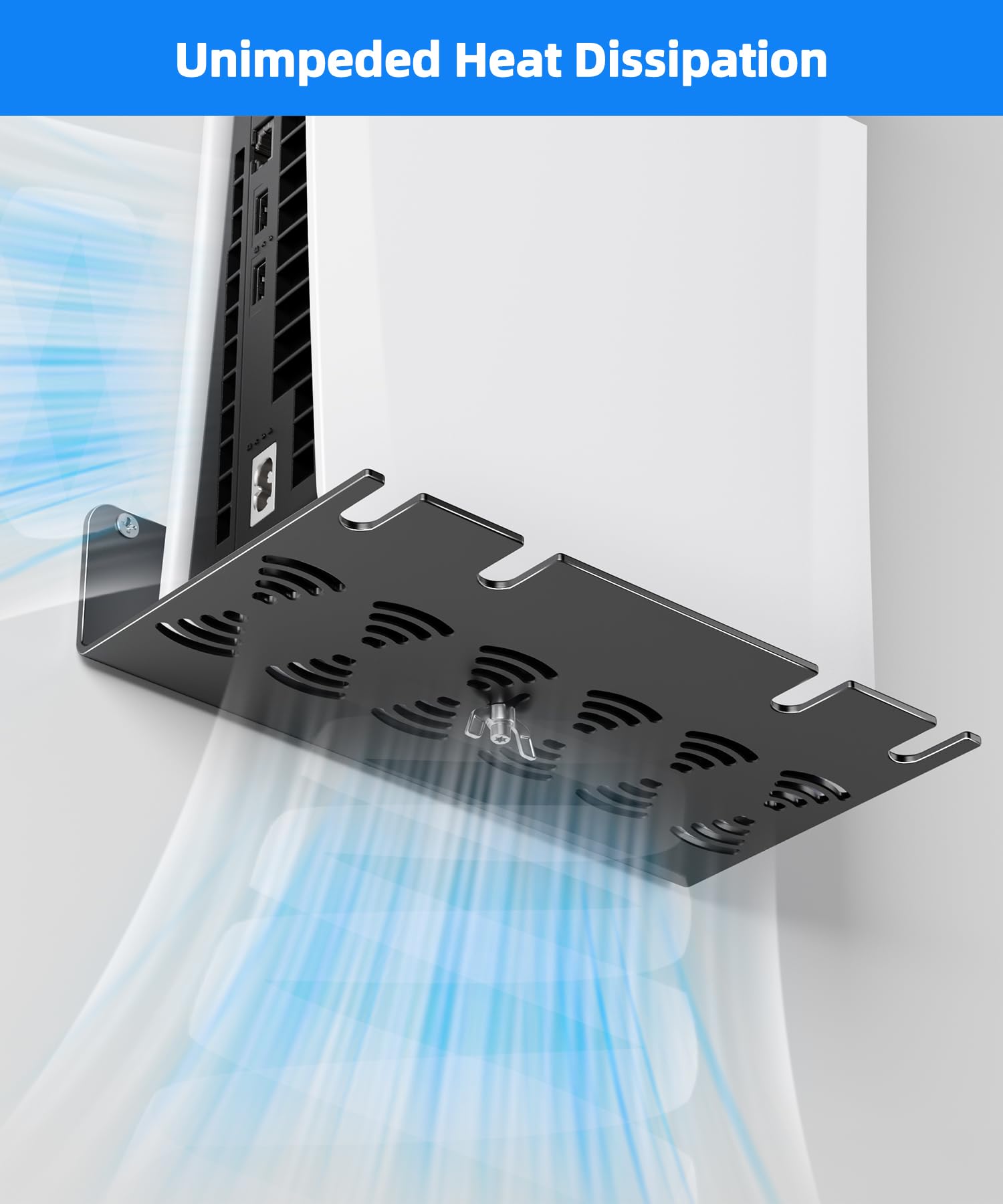 PS5 - Soporte de pared de aleación de aluminio compatible con todas las generaciones de PS5, sostiene dos controladores, disipación de calor sin obstáculos, accesorios universales para sala