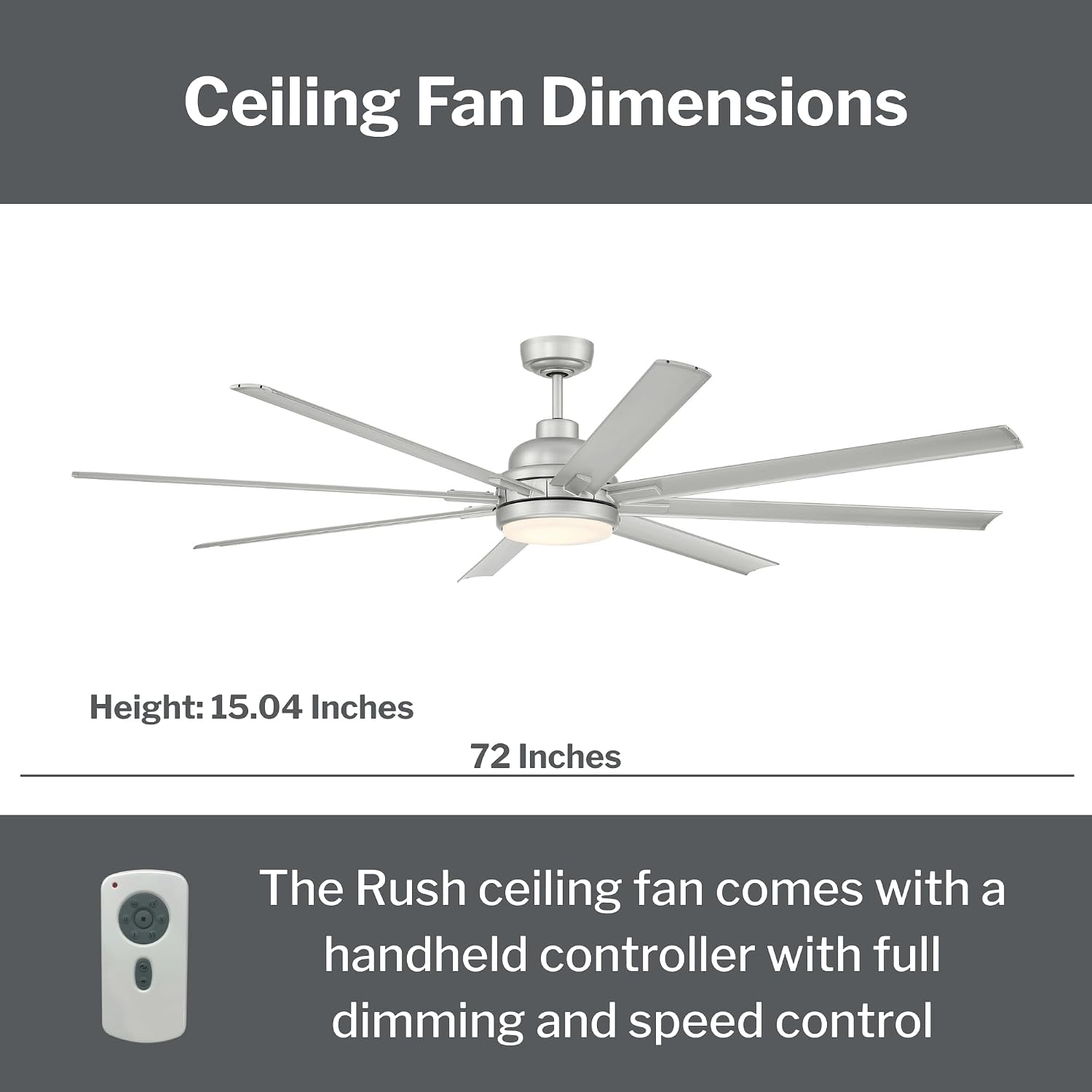 Craftmade RSH72PN8 72″ Painted Nickel Indoor/Outdoor Ceiling Fan with 8-Aluminum Blades | Integrated LED Light Kit 1040 Lumens, 3000K | 6-Speed Reversible DC Motor | Wet-Rated