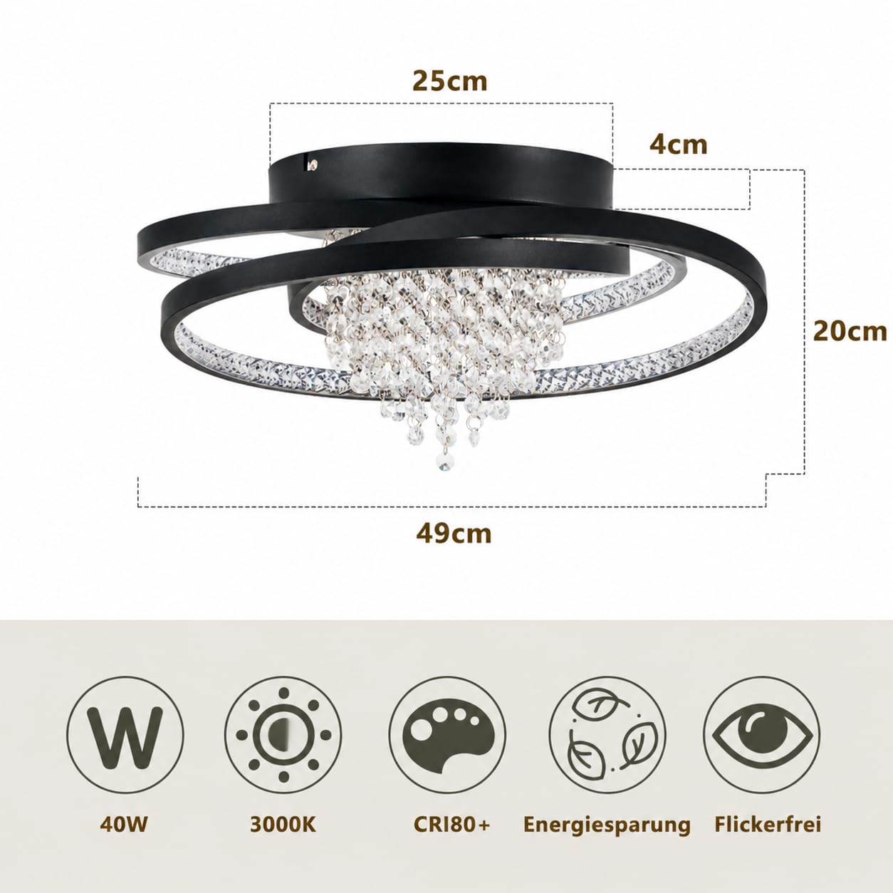 ZMH Deckenlampe Kristall LED Deckenleuchte Wohnzimmer Morden Schwarz | Wohnzimmerlampe 40W 3000K Warmweiß Licht Schlafzimmerlampe Groß Kristalleffekt Design Schlafzimmer Lampe Decke Esszimmer