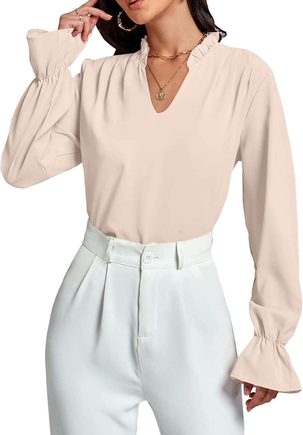 LYANER Women's Ruffle V Neck Solid Long Sleeve Chiffon Blouse Shirt Top