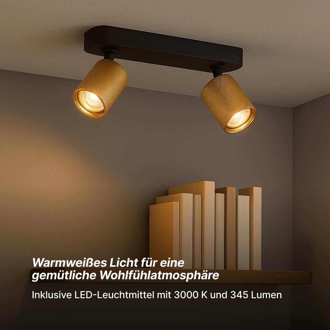 Brilliant Marty LED Deckenstrahler, 2-flammig, schwenkbare Spots mit GU10-Fassung, dimmbar, warmweißes Licht, 2 × 345 Lumen, sand-schwarz/matt-gold – ideal für Wohnzimmer und Flur.