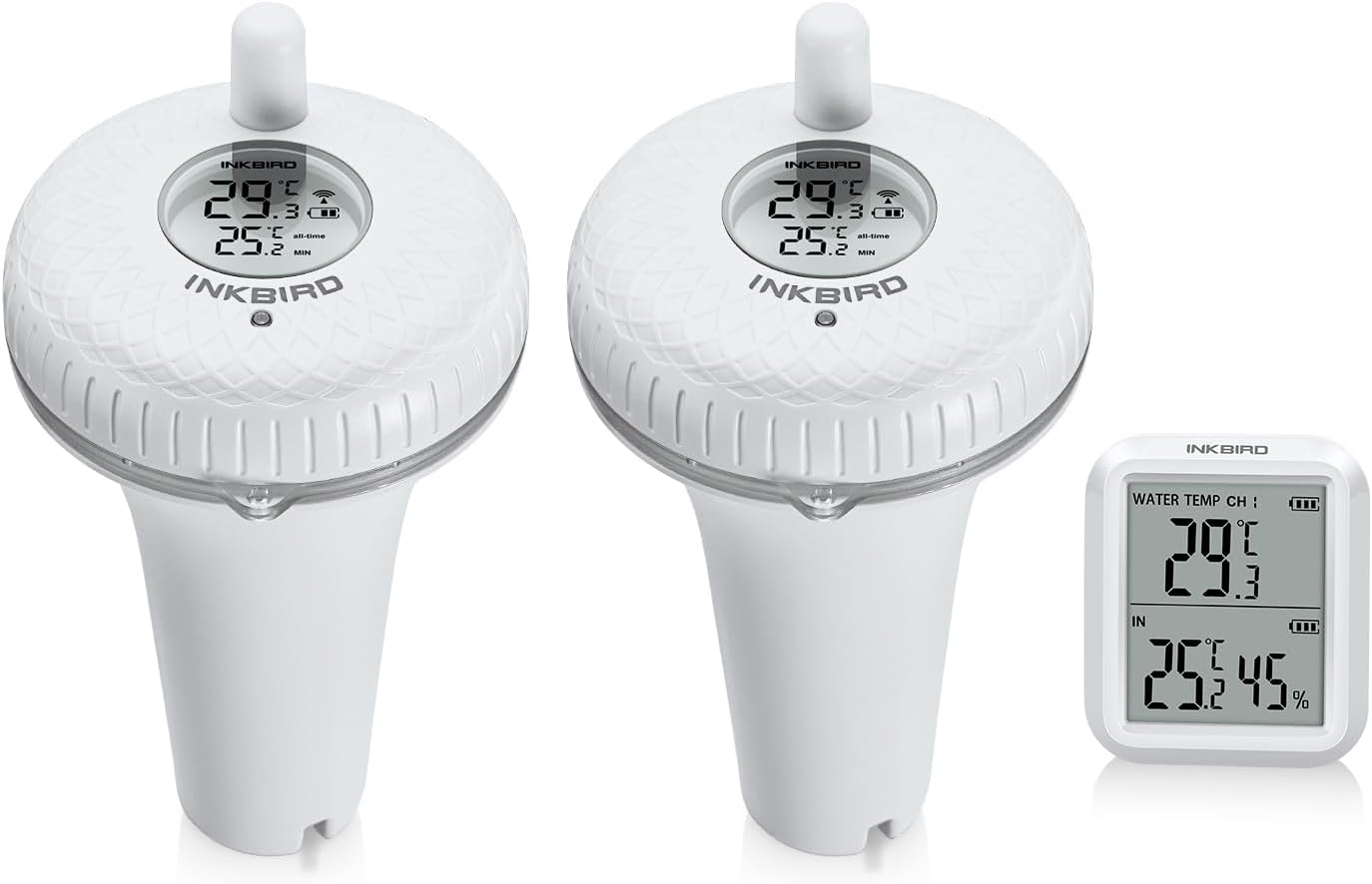 INKBIRD IBS-P01R Wireless Floating Pool Thermometer Set, 1*Indoor Monitor with 2*Outdoor Pool Thermometer Set for Whirlpool Swimming Pool Spas Hot Tub Bath Water