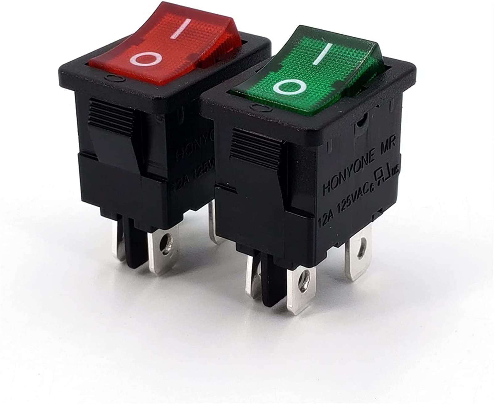 Interruptor basculante 5 uds 15x21mm MR-6B Serie 220VAC con lámpara ON-Off 4 Pines DPST Mini Interruptor basculante 12A 125VAC(5pcs Green)