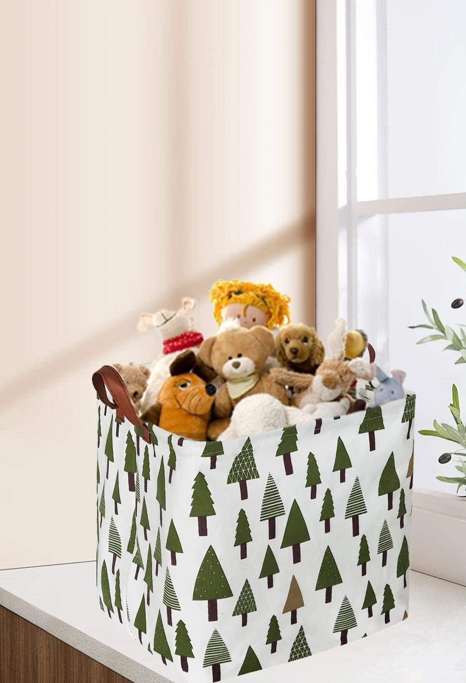 Square Woodland Storage bin, Nursery Basket,Collapsible Green Storage Box with Handles for Nursery Storage. (Square Tree)