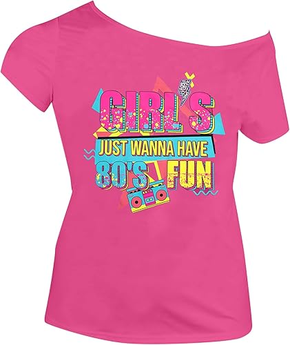 Traje de los años 90 y 80 para mujer, camiseta de discoteca de fiesta temática de los años 80, tops con hombros descubiertos, parte superior vintage