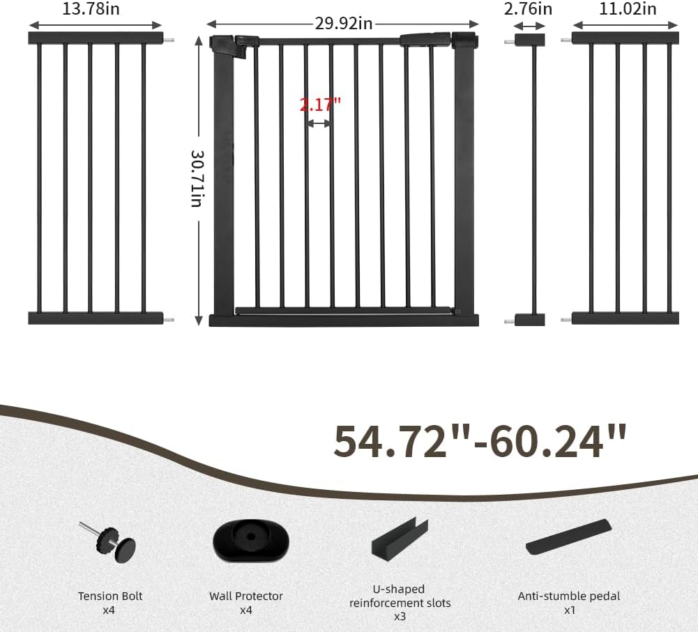 54.7"-60.2" extra wide baby gate for doorways hallways, 30 in tall dog gates with door no drill, auto close child safety gate for pet kid doggie cat proof, large long dog barrier indoor house, black black 54.7"-60.2"