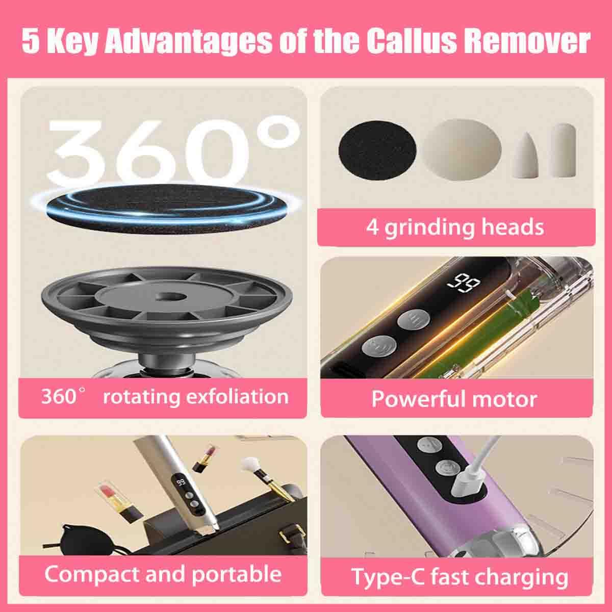 Lima Elettrica Per Piedi E Rimozione Calli,Cordless A 5 Velocità，viola | Strumento Per Pedicure Da 27.000 Giri/Min,3 Testine Intercambiabili,50 Dischi Abrasivi,Pelle Morta,Talloni Screpolati,Unghie