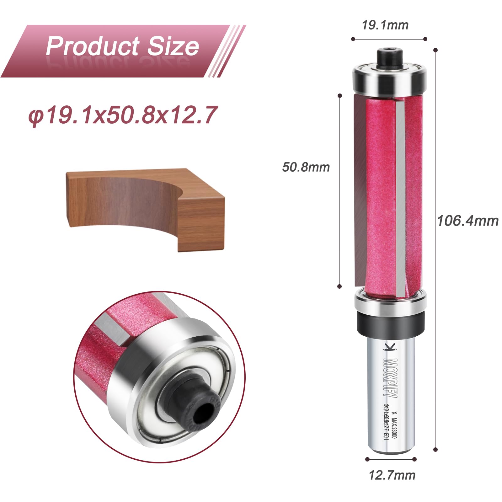 MOXPIFY Top and Bottom Bearing Flush Trim Bit, 3-Flute Router Cutter 12.7mm Shank, 19.1mm Cut Diameter & 50.8mm Cut Length - Image 3