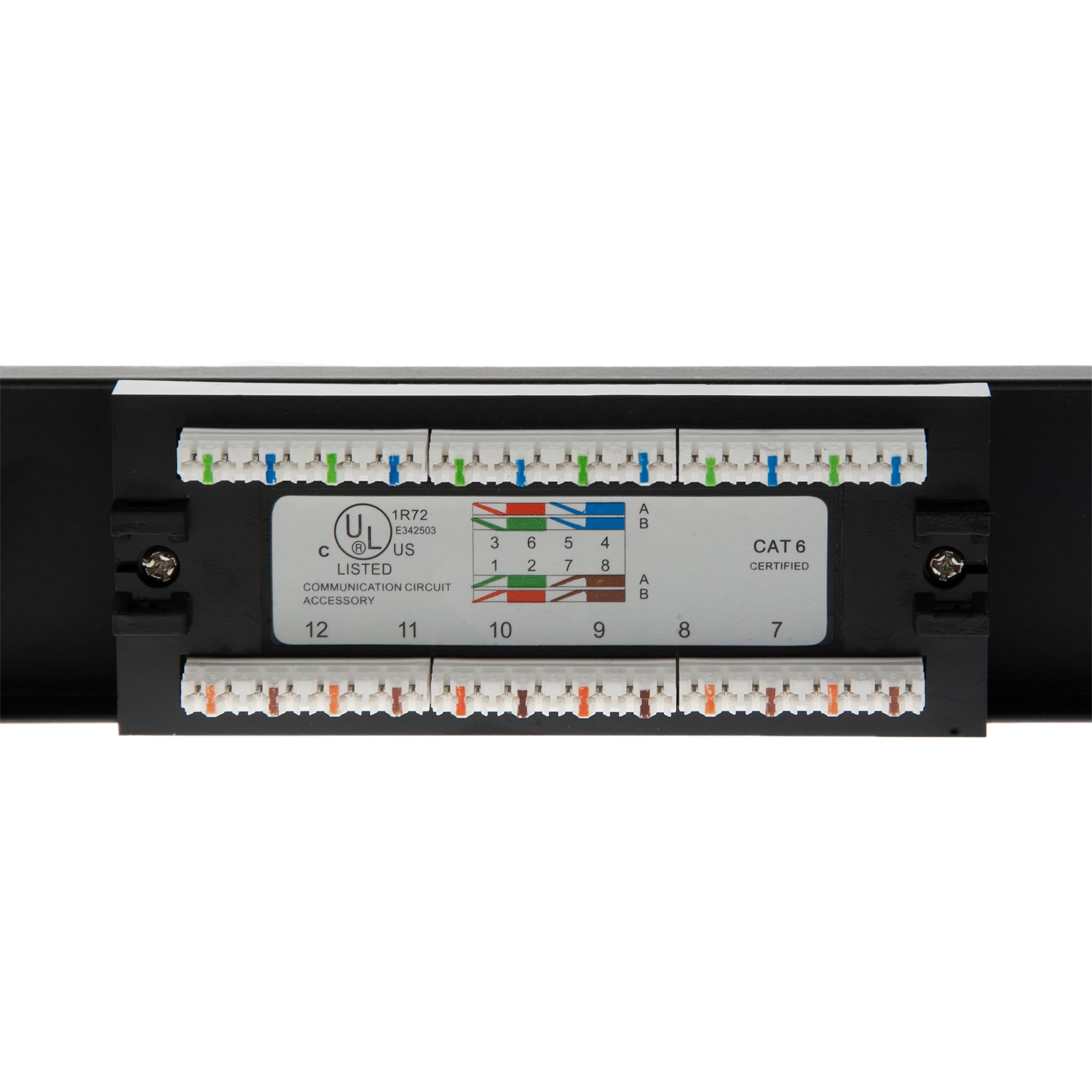 CableWholesale 12-portowy panel krosowy Cat6, 48.3 cm poziomy panel do montażu w szafie lub na ścianie, typ RJ45 Ethernet 110, kompatybilny z 568A/568B, 1U, czarny