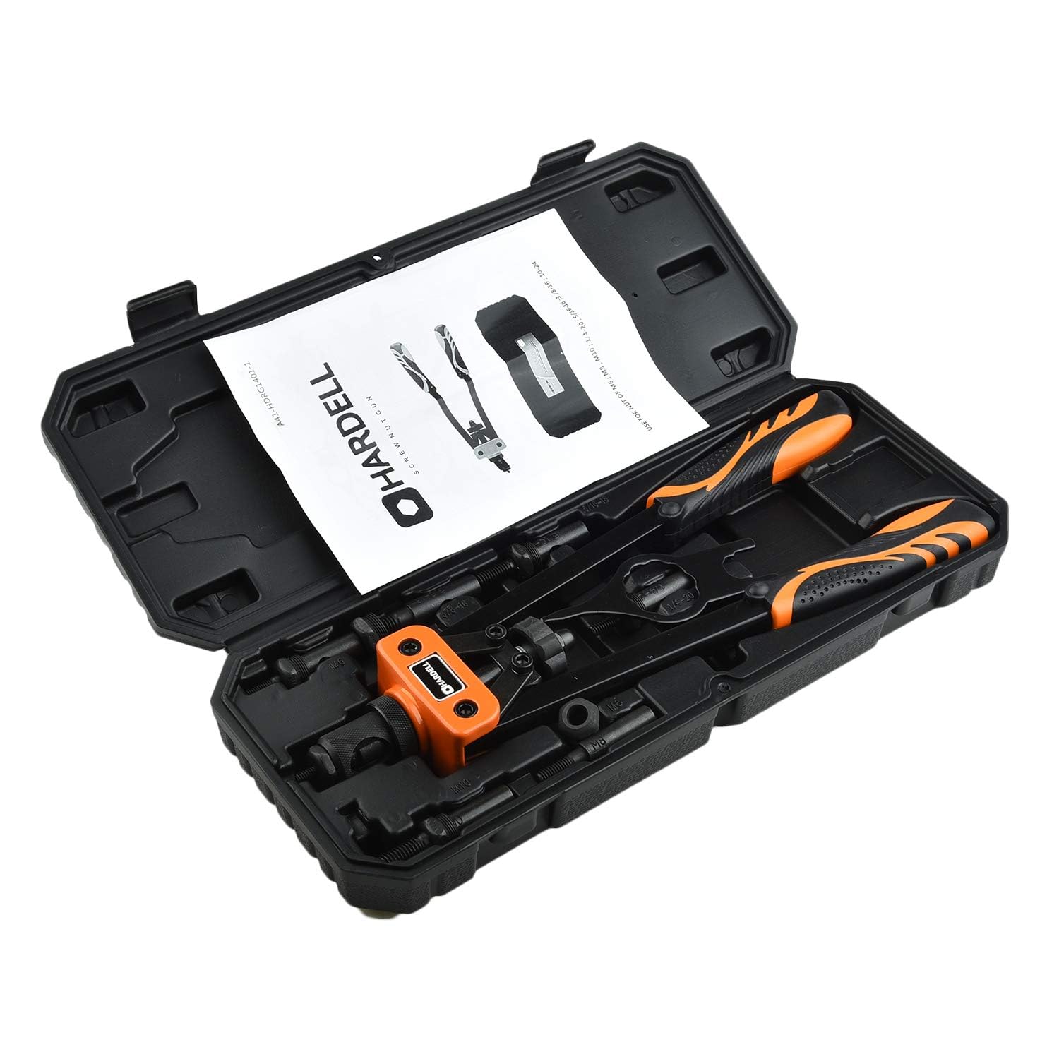 HARDELL Remachadora de Tuercas, 14" Remachadora Manual Con 150pcs Remachadora Tuercas, y 6 Mandriles Intercambiables M3 M4 M5 M6 M8 M10, Naranja