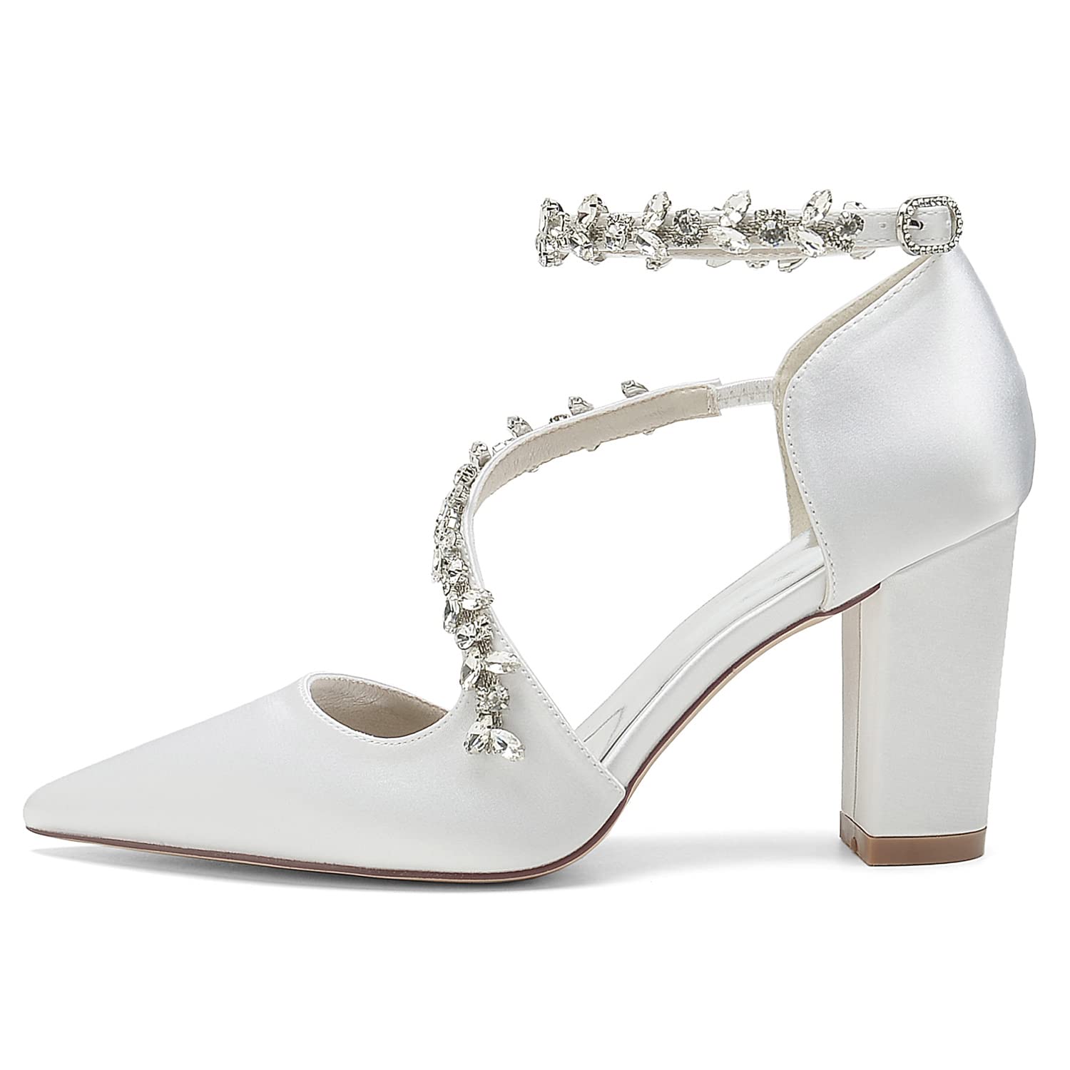 Scarpe da Sposa Tacco Grosso Alto in Raso, Cinturino alla Caviglia con Cristalli, Punta Chiusa per Cerimonia/Matrimonio (Bianco/Argento/Avorio)