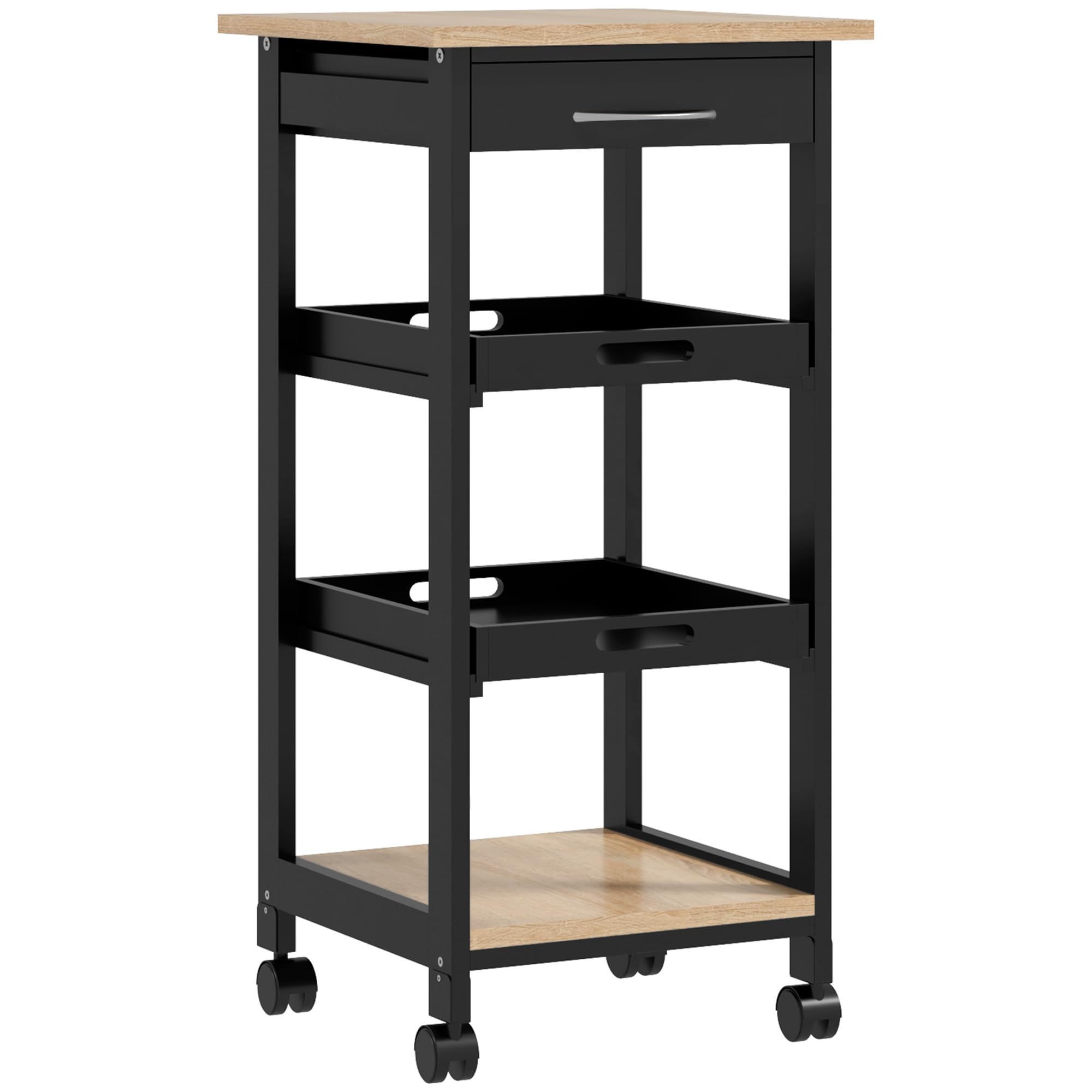 HOMCOM Carro de servicio de cocina con ruedas 2 bandejas extraíbles cajón, estante roble claro madera pino negro | Postre de cocina, 2 bandejas extraíbles, madera de pino
