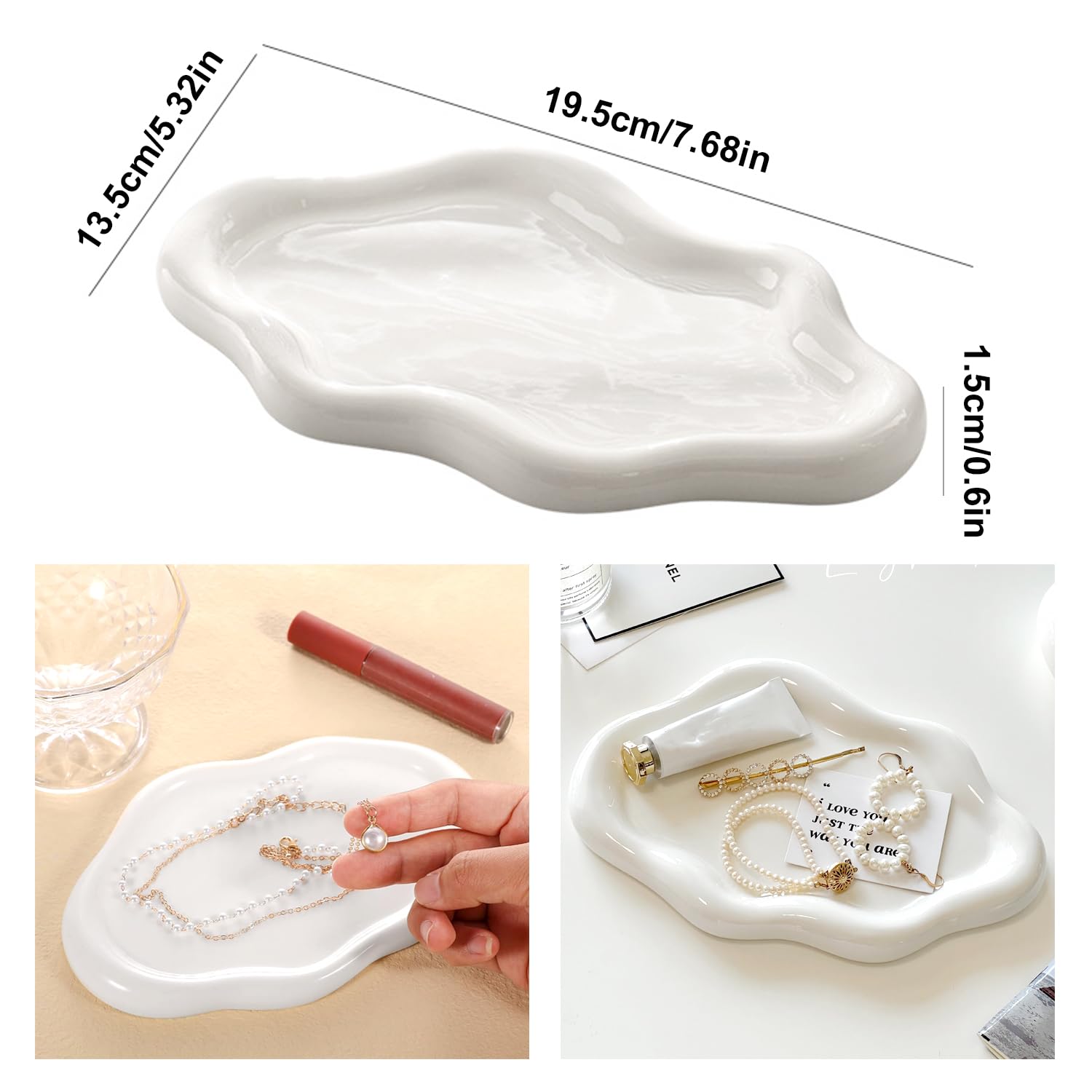Plateau à Bijoux en Céramique, Plateau à Bijoux Nuage à Clés, Fête des Mères, Noël, Thanksgiving, Cadeau D'anniversaire pour Femmes (Blanc)