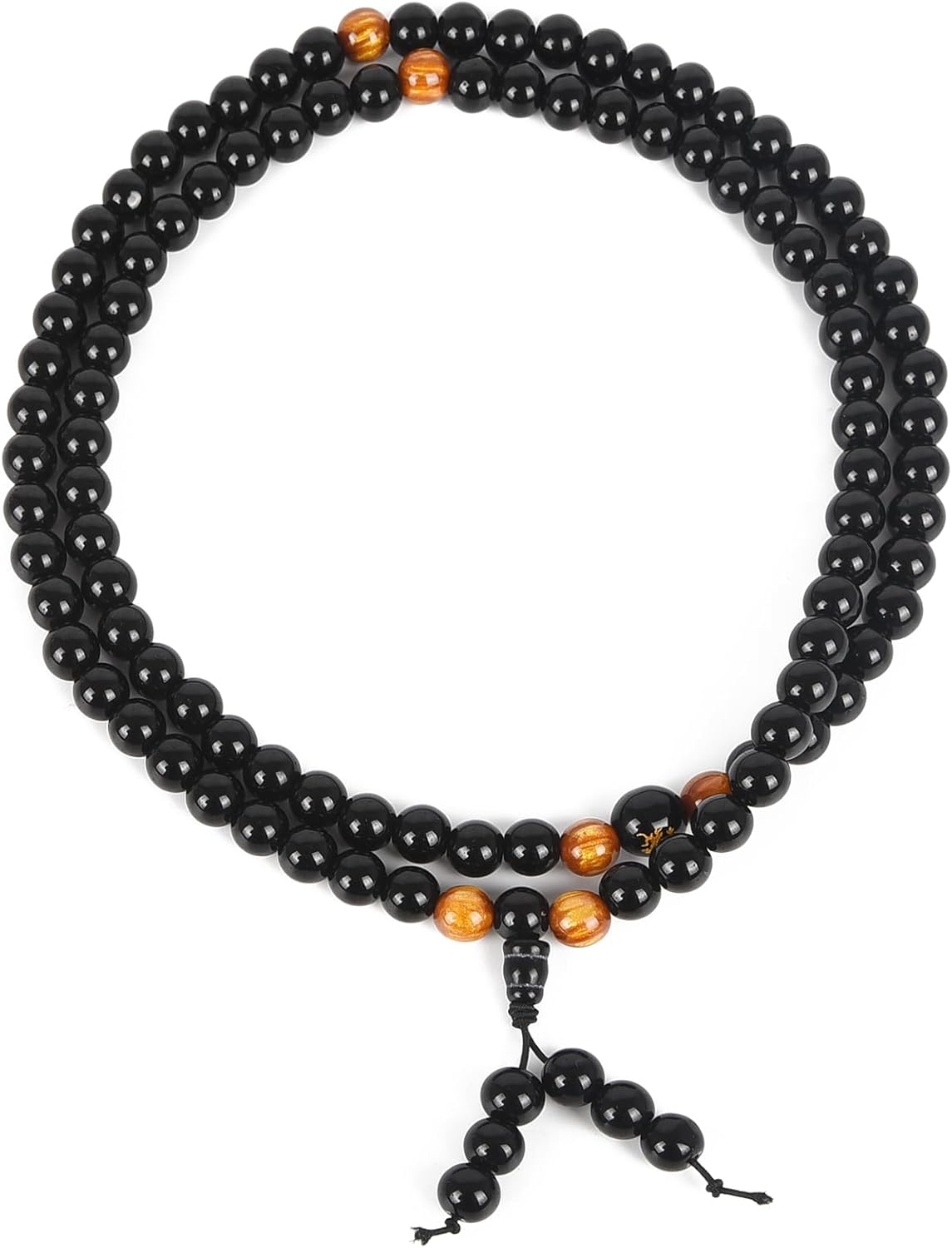 108 Obsidian Dragon Beads - Healing Crystal Bracelet/Necklace, Adjustable Elastic Black Buddhist Bead Necklace, Ethnic Style Prayer Beads, Suitable for Meditation, Spiritual Jewelry and Mindfulness, Praying for Good Luck