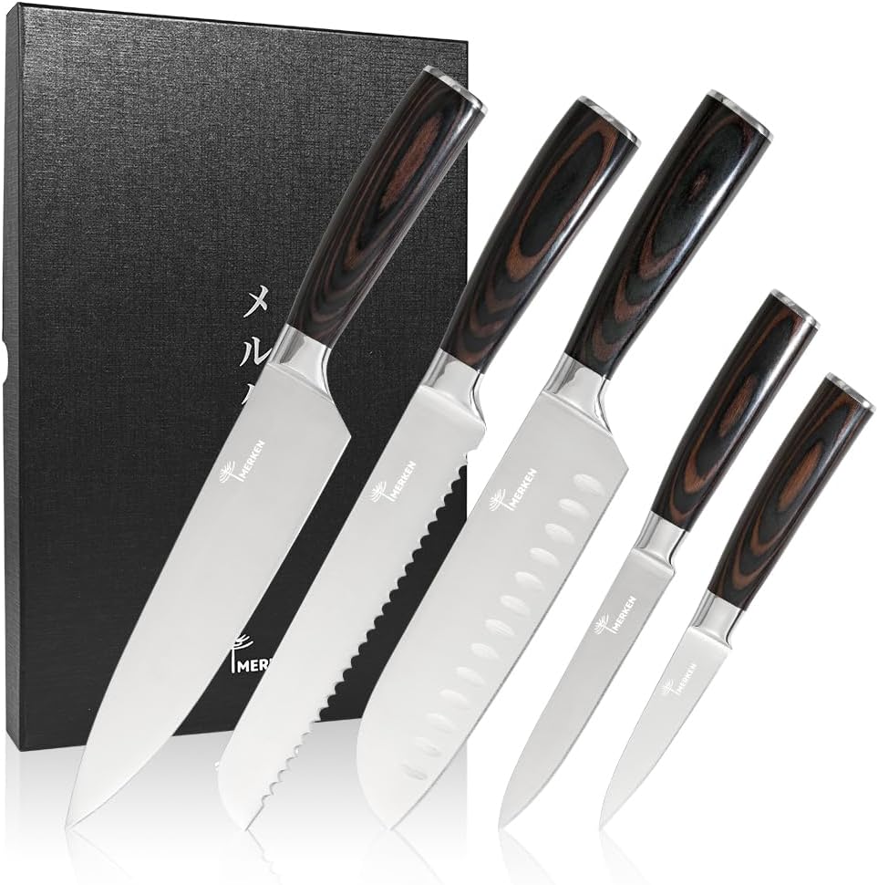 MERKEN 5 Piece Knife Set Premium Kitchen Knife Set Damascus Style Stainless Steel Blades Wood Grain Handles Modern Knife Block Set in Gift Box