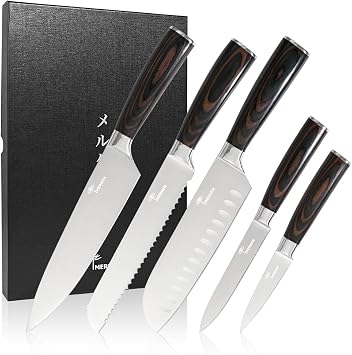 MERKEN 5-Piece Kitchen Knife Set High-Carbon 5Cr15MoV Stainless Steel Blades with Pakkawood Handles Professional Chef, Santoku, Bread, Utility & Paring Knives for Home Cooking Gift Box Included
