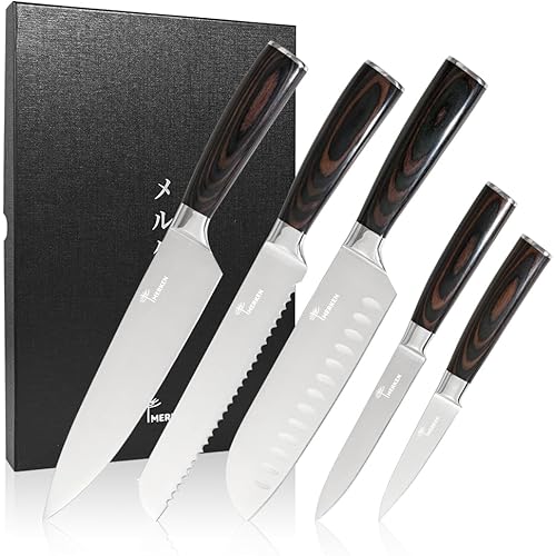 Kitchen Knife Set - 5 Pieces | Includes 8" Chef Knife, 7" Santoku, 8" Bread, 5" Utility, 3.5" Paring | Japanese Style High Carbon Steel Blades, Pakkawood Handles, Ultra Sharp Kitchen Tools