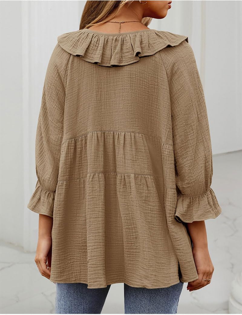 utcoco Womens 2025 Fashion Tie Crewneck Blouses Ruffle 3/4 Sleeve Flowy A line Cute Shirts Tops - Image 3