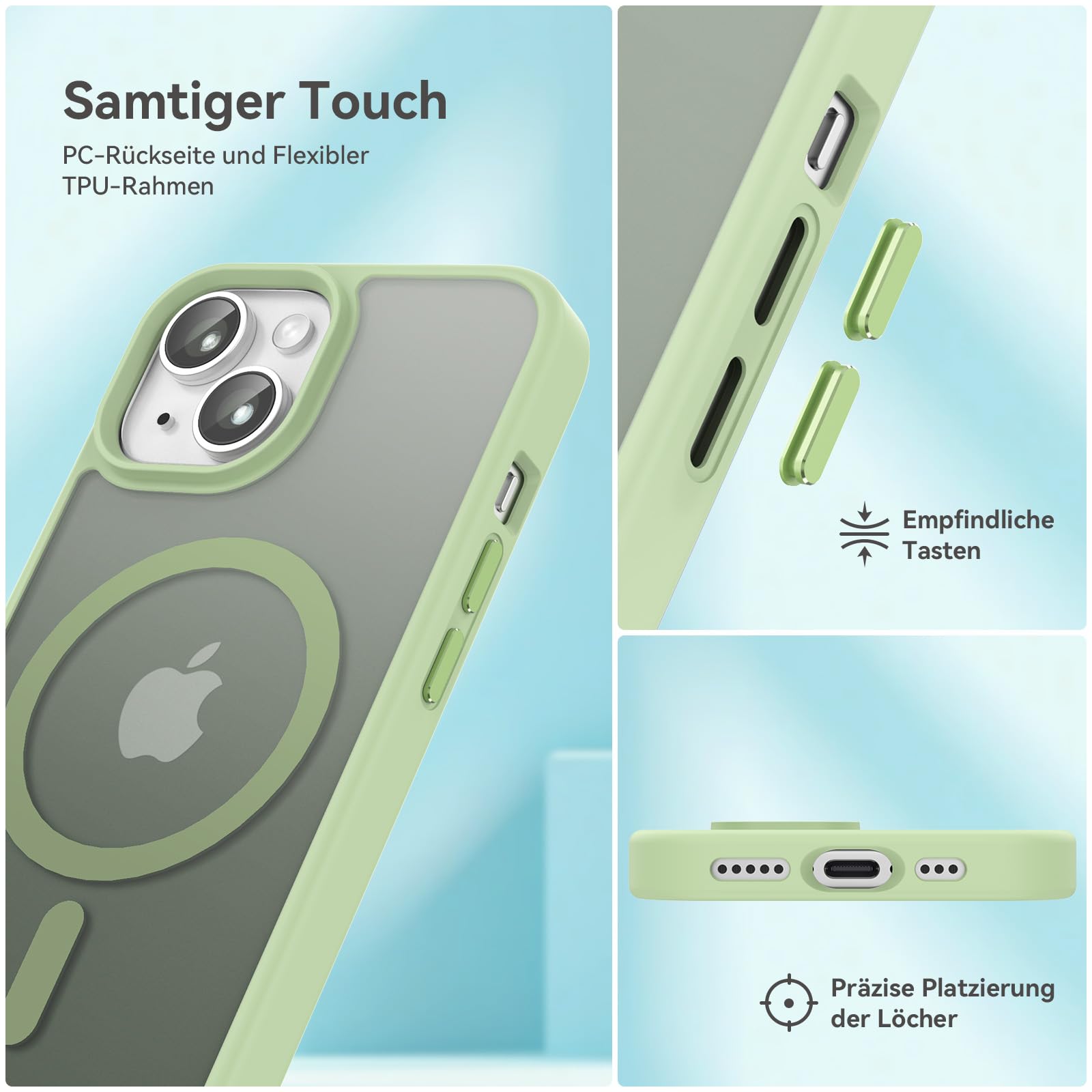 Natiiozie Magnetica Cover per iPhone 13/iPhone 14 Compatibile con MagSafe Custodia Traslucida Opaca Posteriore, Antiurto Anti-impronta Resistente ai Graffi Protettiva Case verde chiaro