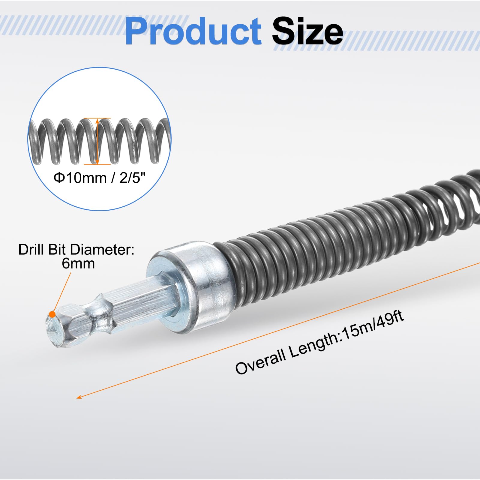QUARKZMAN Desatascador Manual De Tuberías 2/5" (10mm) Diámetro 49ft Herramienta Flexible Para Limpiar Desagües Con Conector Para Taladro Resorte Para Eliminar Obstrucciones De Cabello