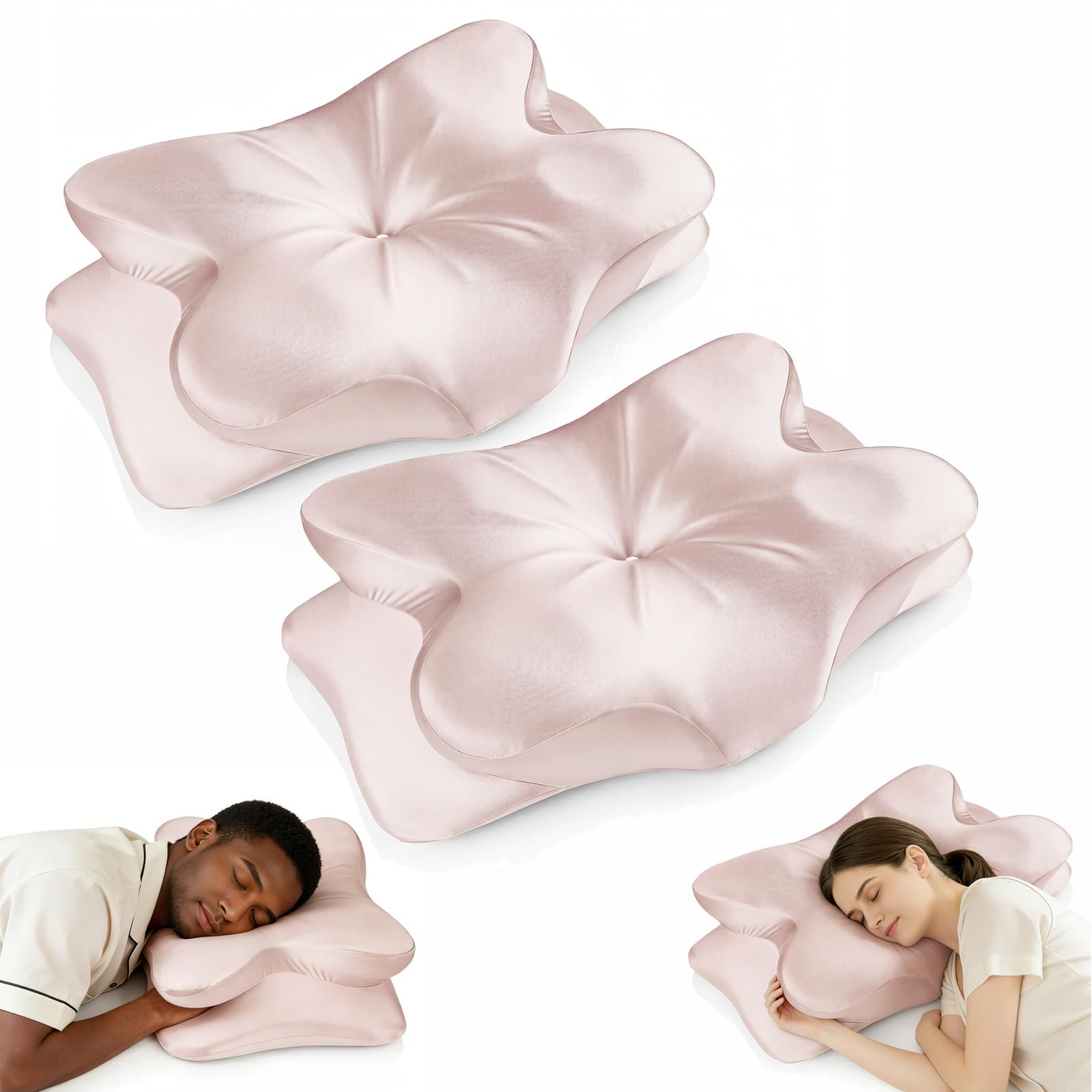 2-Pack Cervical Neck Pillow for for Neck Support,Ergonomic Memory Foam Contour Pillow with Wrinkle-Resistant Silky Satin Fabric Cover,Orthopedic Bed Pillow for Side,Back,Stomach Sleepers,Pink