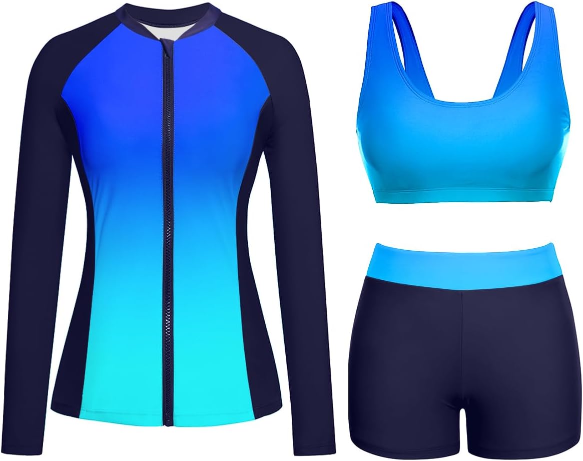 Holipick Long Sleeve Swimsuits for Women - 3 Piece Rash Guard with Shorts Zipper SPF Swim Shirt with Built in Bra
