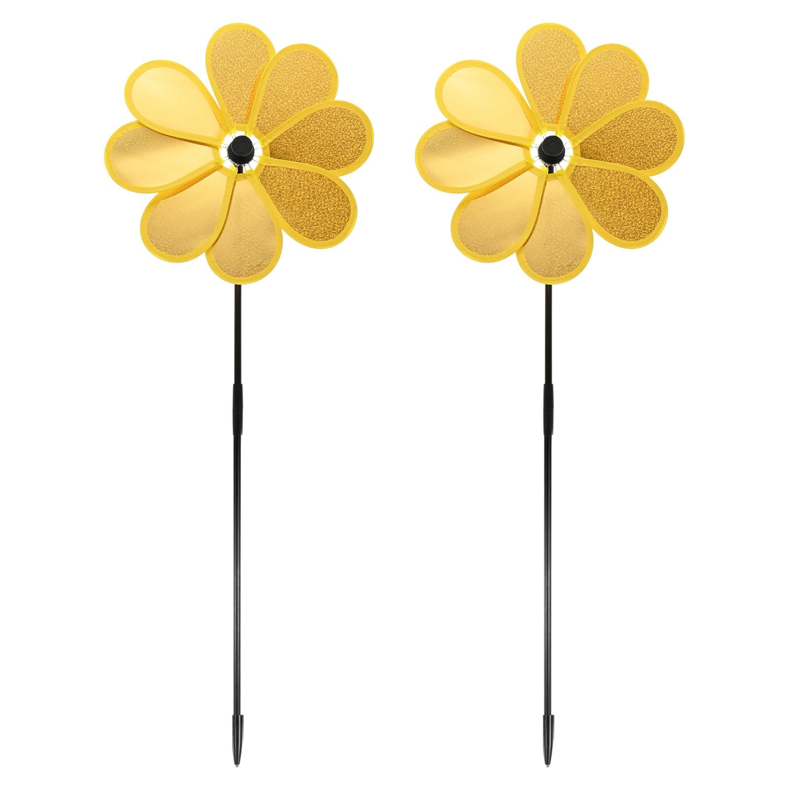 M METERXITY 2-Pack Flower Wind Spinner Sparkly Lawn Pinwheels, 28.3 Inch Plastic Reflective Pinwheels for Party Decorations/Yard/Garden, Colorful Rainbow Garden Windmill [Gold]