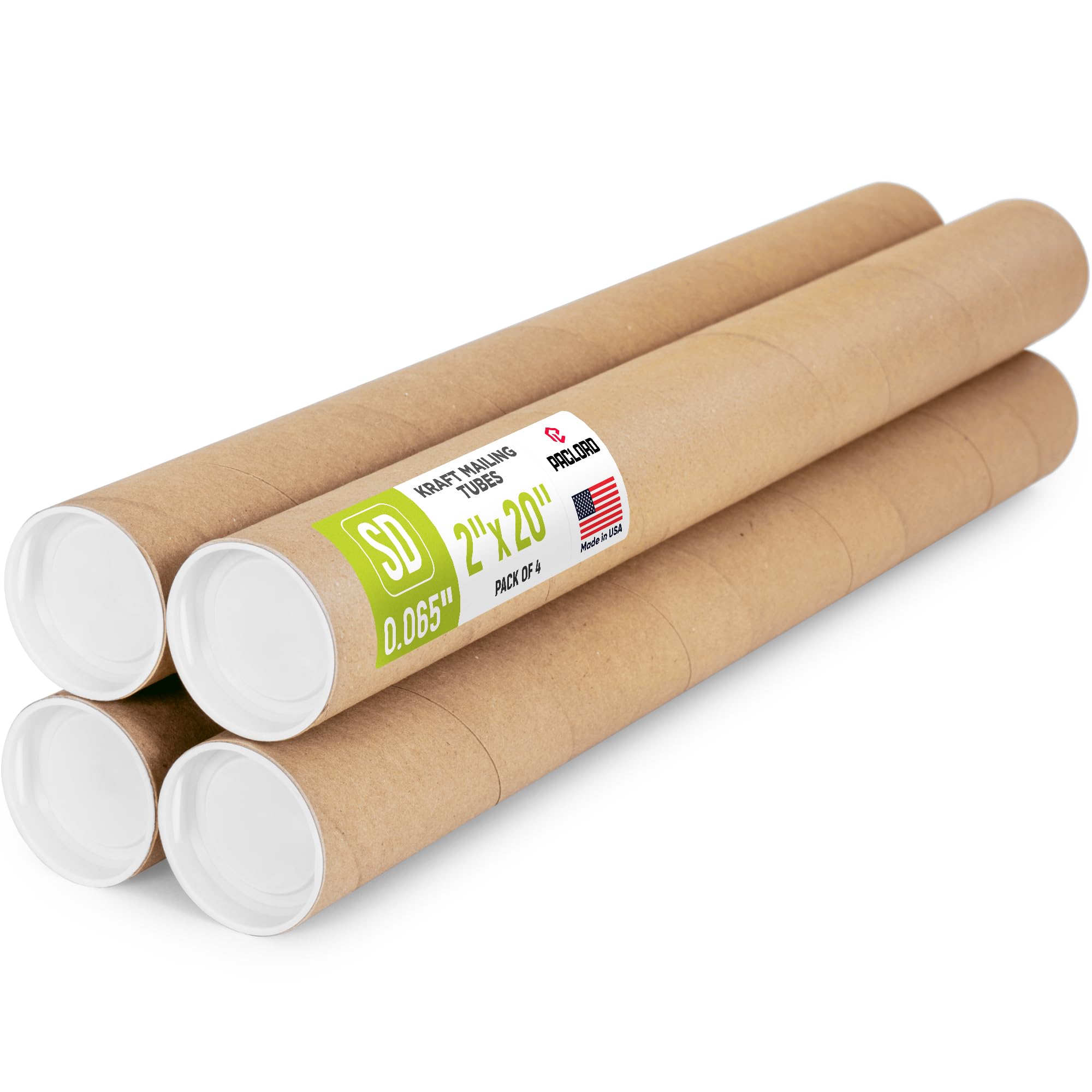 2" x 20" Reinforced Kraft Paper Mailing Tubes, Pack of 4 Tubes with 2 Caps Each – USPS Approved Poster Tube – Made in USA Cardboard Tube for Shipping and Storing Posters, Prints, Artwork, or Documents