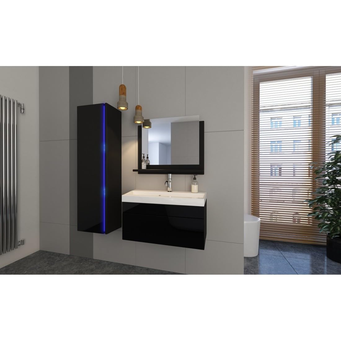 Meublorama Set di mobili da Bagno Neri, Collezione Bird. Colonna, Mobile sottolavabo, lavabo 60cm.