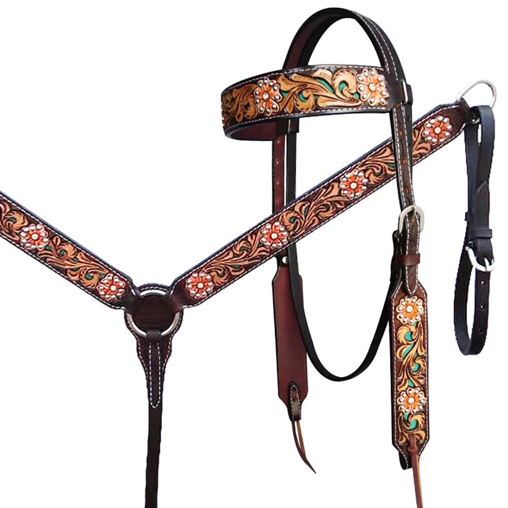 Ensemble D'attaches Rênes, Col Poitrine Et Bride Cheval Western - Cuir Naturel