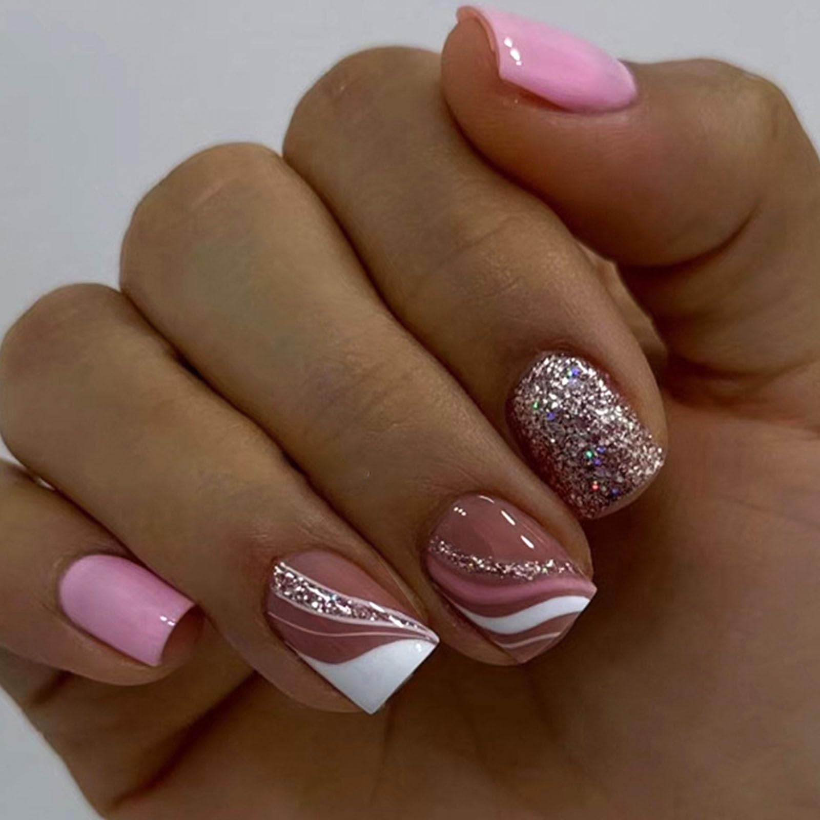 TUZANDW Short Fake Nails Square Press on Nails Short Acrylic Nails Full Cover False Nails with French Lines Glitter Sequins Designs Glossy Glue on