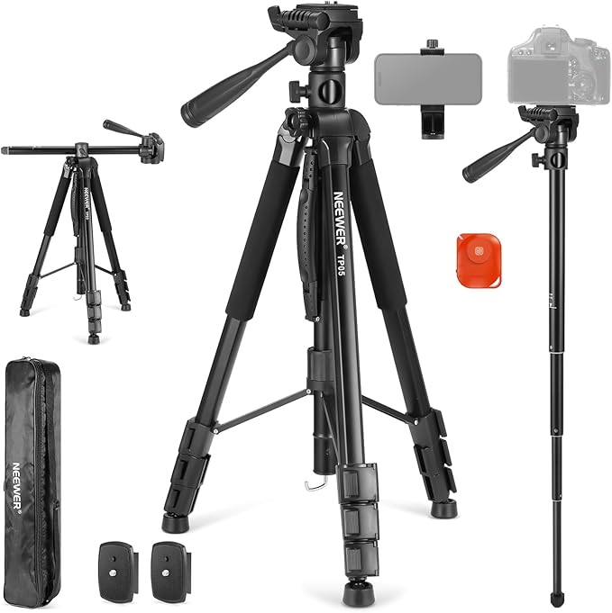 NEEWER BASICS 74" Video Tripod Monopod, 3 Way Pan Tilt Head, Remote, Overhead Camera Mount, Horizontal Central Axis, Phone Holder Compatible with iPhone DSLR Telescope Projector, Max Load 17.6lb, TP05
