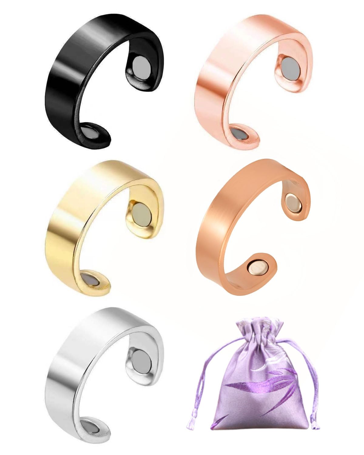 5pcs Anillos De Terapia Magnética,Anillo Magnético Drenaje Linfático,Anillo Abierto para Hombre y Mujer, Juego de Anillos, Con bolsa de almacenamiento