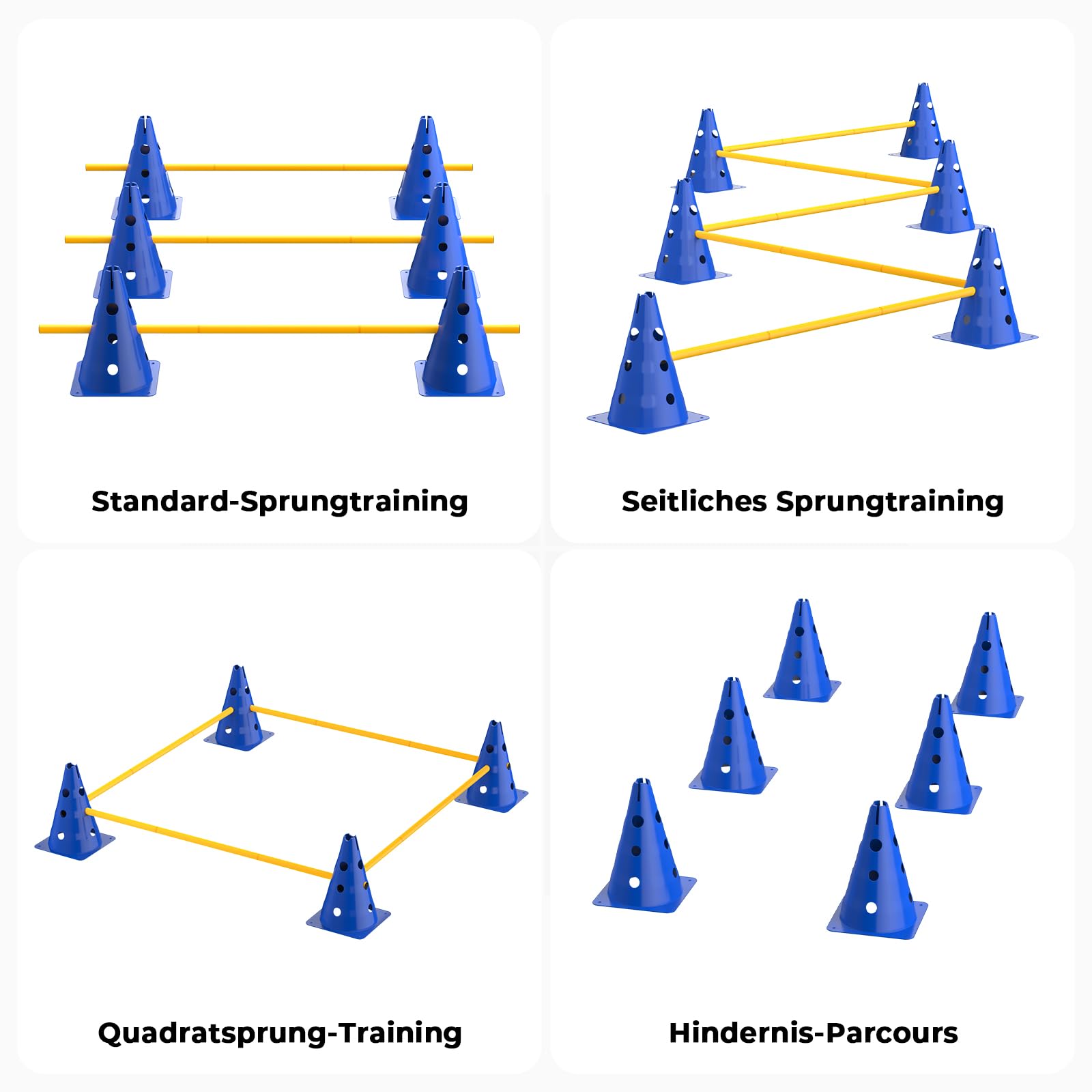 GHB Steckhürdenset Hobby Horsing 12 Kegel 18 Stangen, Agility Hürden Set Hunde, Fussball Trainingszubehör für Koordinationstraining mit Tragetasche