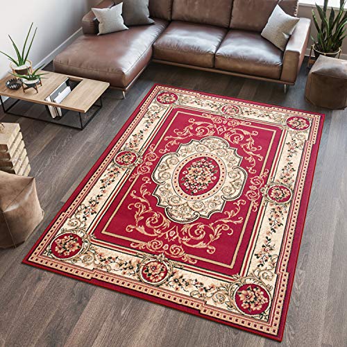 TAPISO Atlas Alfombra Suave de Pelo Corto Resistente Diseño Tradicional Clásico Persa Vintage Rojo Crema Alfombra de Salón Habitación Dormitorio Oeko-Tex 70 x 130 cm