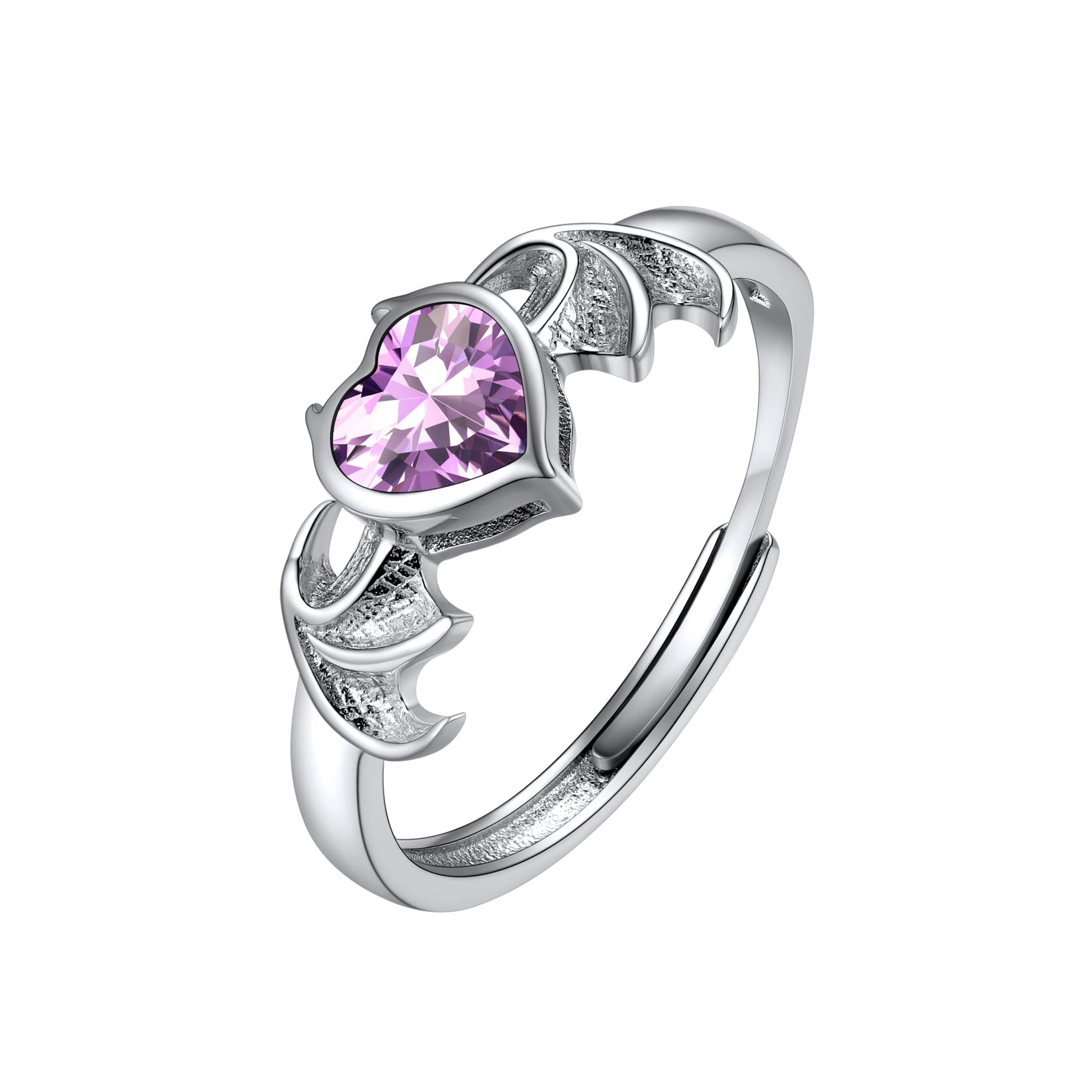 SILVERCUTEDevil Wings with Heart Adjustable Open Ring for Teen Girls, Synthetic Birthstone Sterling Silver Ring for Women, Jewellery for MumRecycled Claim Standard Blended