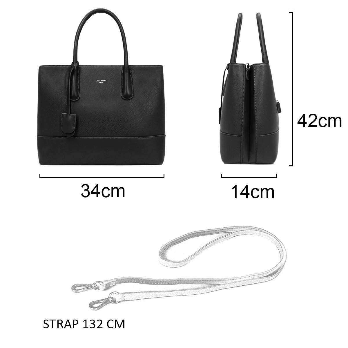David Jones - Bolso de Mano Grande Mujer - Shopper Tote Bag Señora Trabajo Negocios Cuero Genuino PU - Bolsos Hombro Bandolera Piel Múltiples Bolsillos - Maletín Satchel Oficina Elegante - Negro