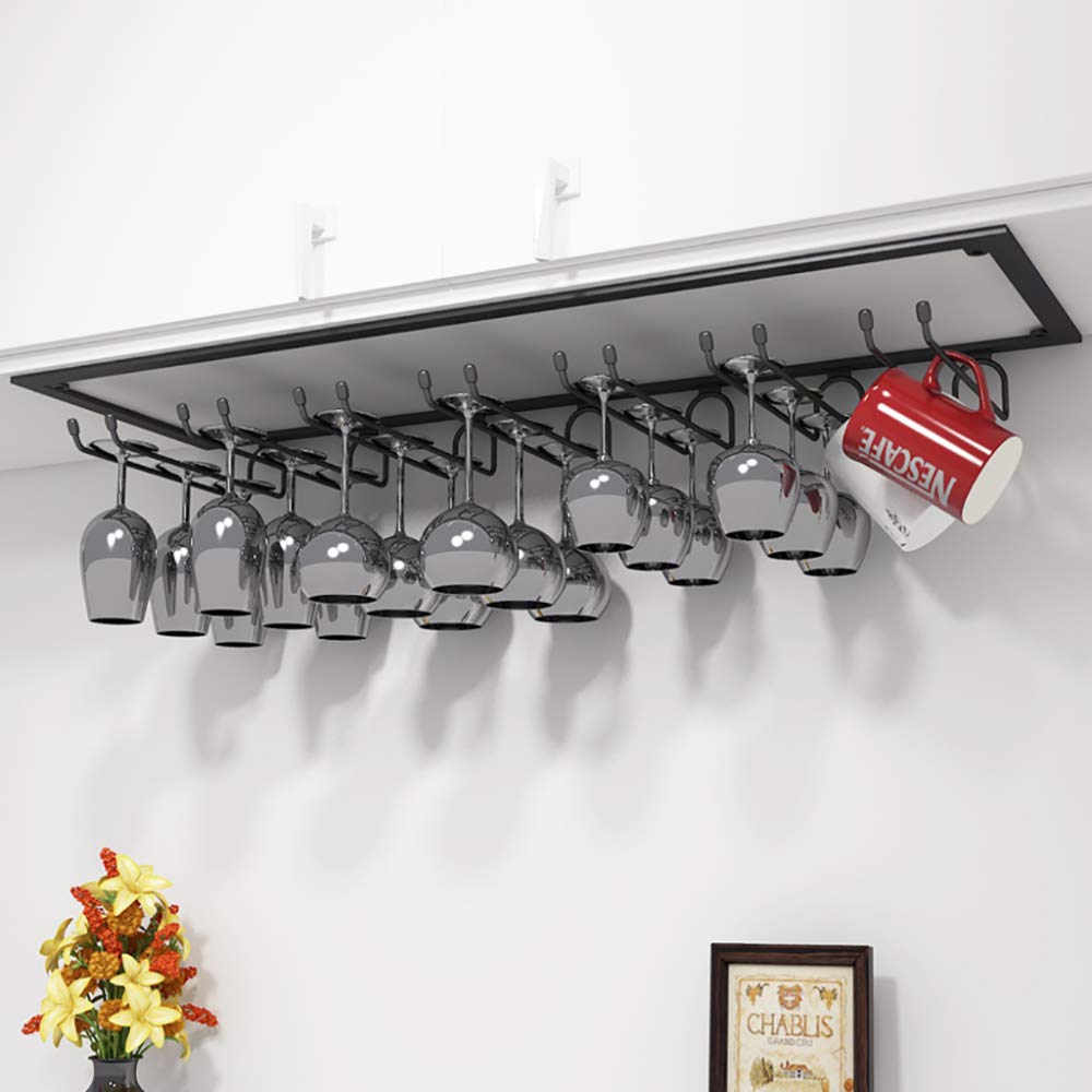 Generico Botellero para vino, portavasos de vino, portavasos de vino debajo del mueble portavasos de vino, portavasos de cristal, negro, 70 cm
