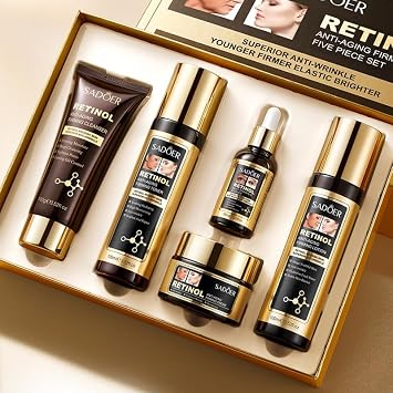 QueenLine 5pcs Retinol Face Toner Essence Cream Facial Lotion Moisture Anti-Aging Serum Cleanser Skin Care Set