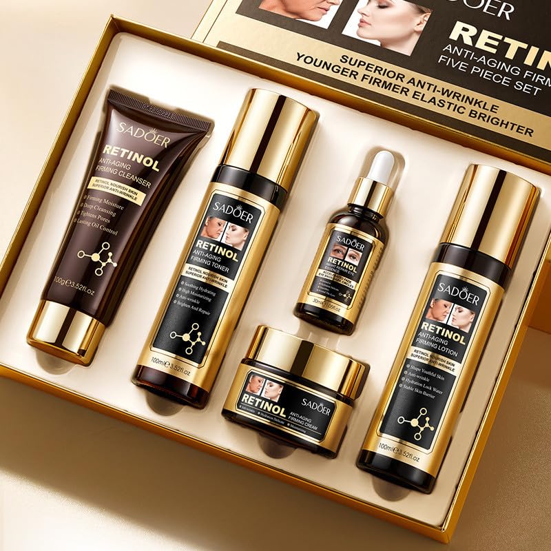 QueenLine 5pcs Retinol Face Toner Essence Cream Facial Lotion Moisture Anti-Aging Serum Cleanser Skin Care Set