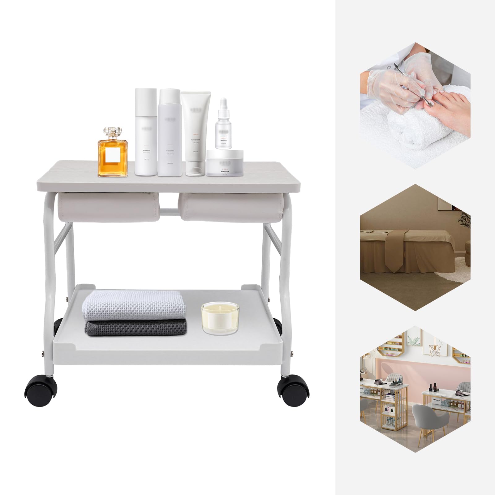 MINRS Fußbad Spa Portable Trolley Pediküre Maniküre Wagen für Beauty Salon Tragbarer Trolleywagen für Fußruhe für Fußstütze oder Pediküre 50 * 42 * 47 cm, Weiß