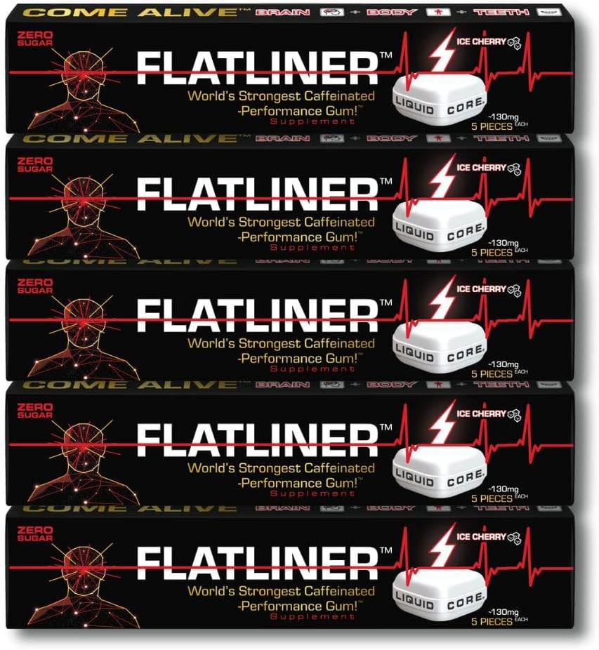 FLATLINER Caffeinated Gum – Zero Sugar Xylitol Gum, 130mg of Natural Caffeine Per Piece, Ice Cherry Energy Gum - 5 Pack - 25 Pieces