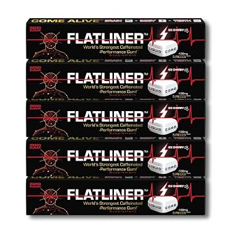 FLATLINER Caffeinated Gum Zero Sugar Xylitol Gum, 130mg of Natural Caffeine Per Piece, Ice Cherry Energy Gum - 5 Pack - 25 Pieces