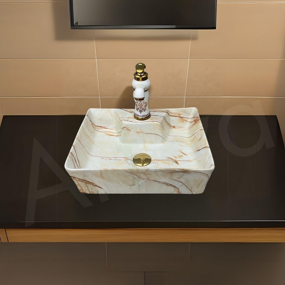 Artiva Marbo Beige Ceramic Wash Basin - Wall Mount Sink -5