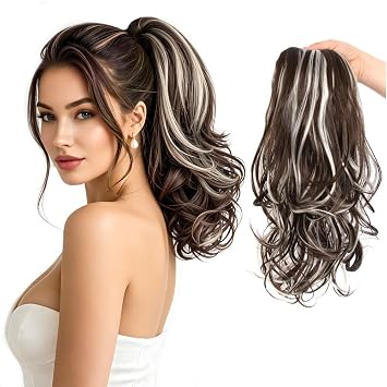 Curly Ponytail Drawstring, 16 In, Dark Brown with Highlights | Curly Hair Ponytail, Drawstring Ponytail, Short Clip In Synthetic Hair Extension, For Women Girls