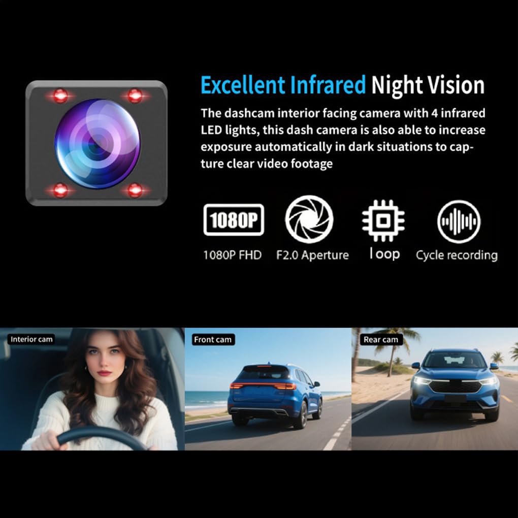 Dash Cam versatile per auto 1080P con telecamere anteriori, posteriori e per abitacolo per una copertura completa Registrazione HD Schermo diviso