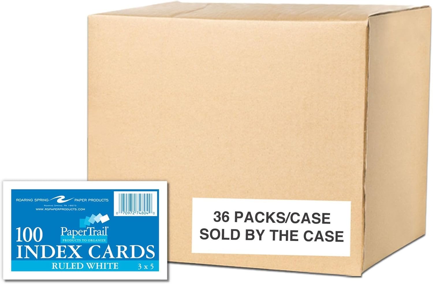 Roaring Spring Index Cards 3" x 5", 100 Count, Smooth 100 lb White Index Paper, Ruled on Front, Blank on Back (Case of 36 Packs)