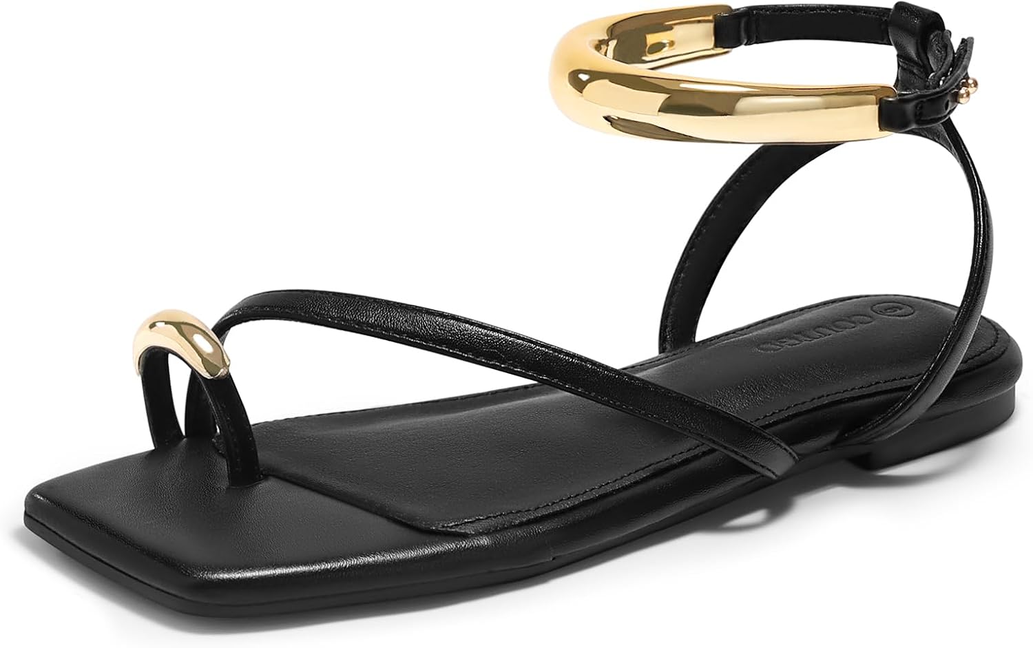 Coutgo Womens Strappy Flat Sandals Flip Flops Open Toe Ring Sandals Metal Ankle Strap Summer Beach Shoes